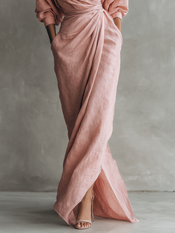 Robe Maxi en Lin Rose à Décolleté en V