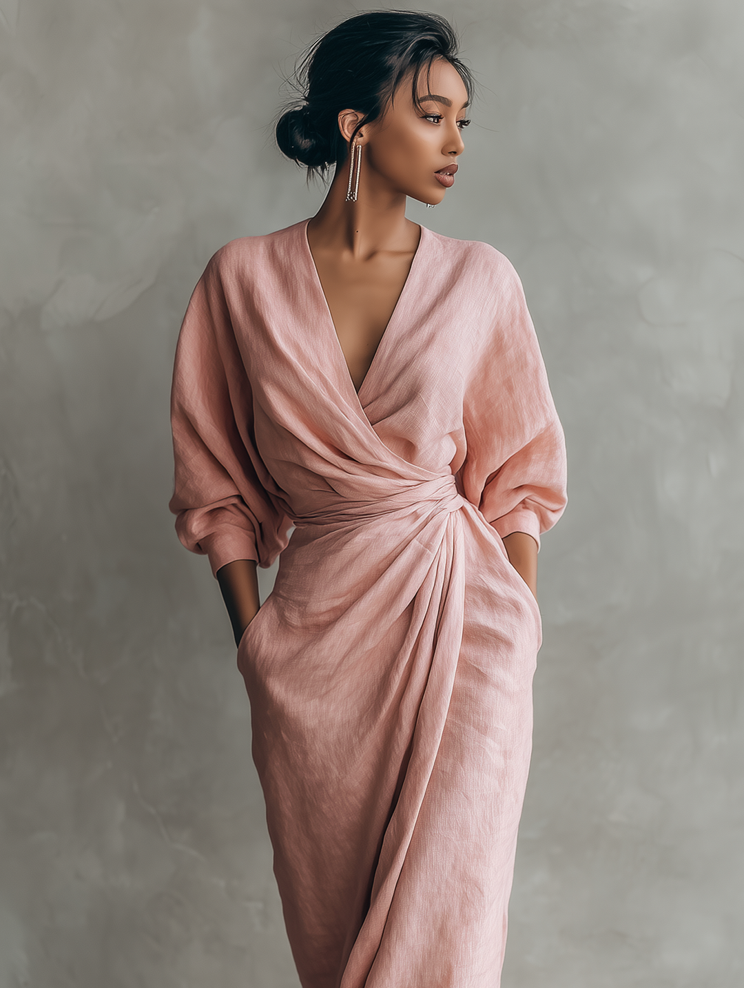 Robe Maxi en Lin Rose à Décolleté en V