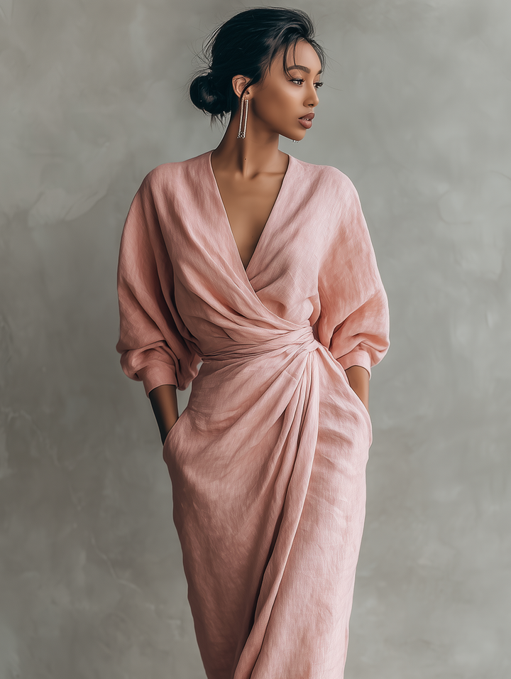 Robe Maxi en Lin Rose à Décolleté en V