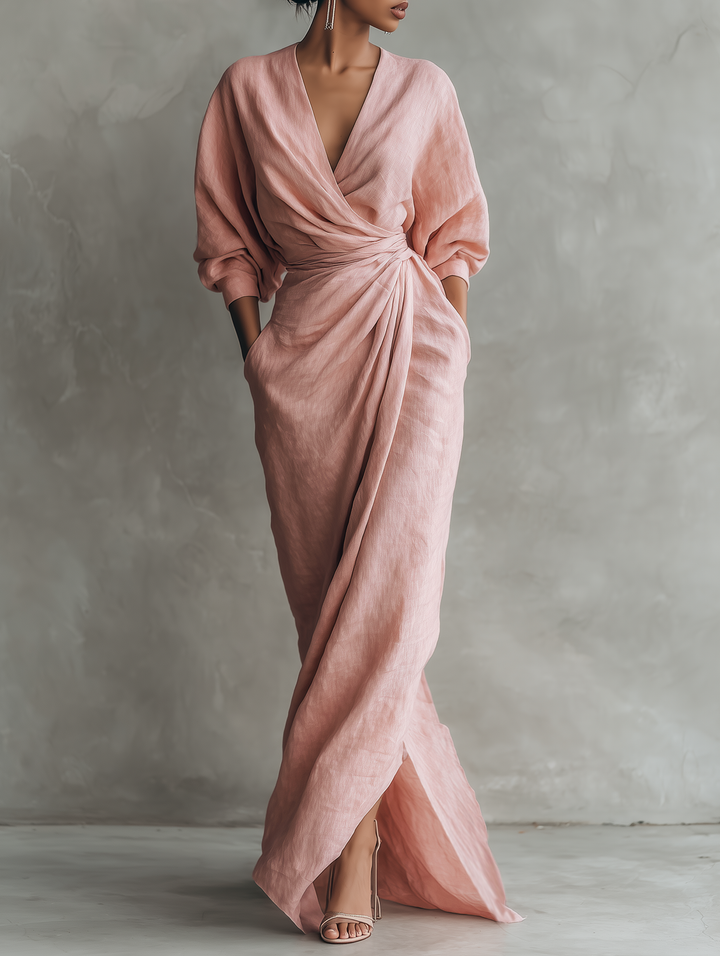 Robe Maxi en Lin Rose à Décolleté en V