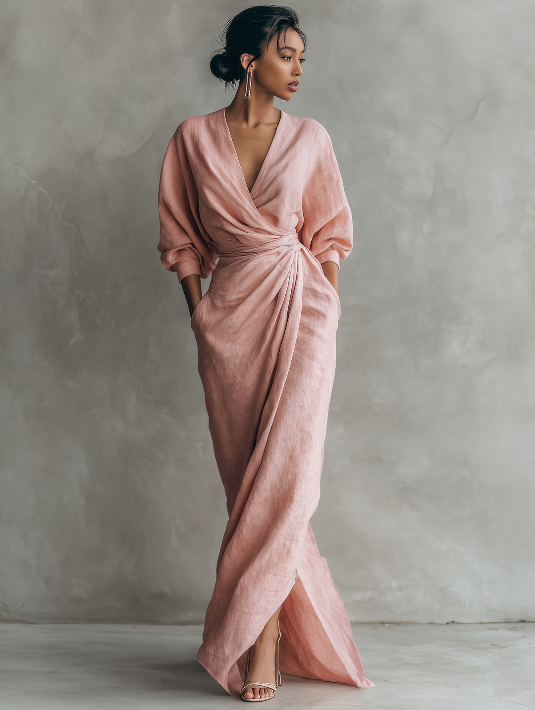 Robe Maxi en Lin Rose à Décolleté en V