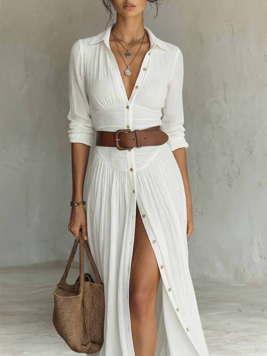 Robe maxi en lin blanc plissé