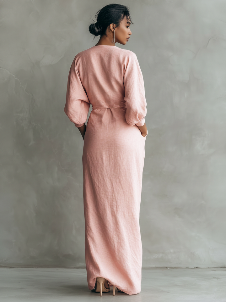 Robe Maxi en Lin Rose à Décolleté en V