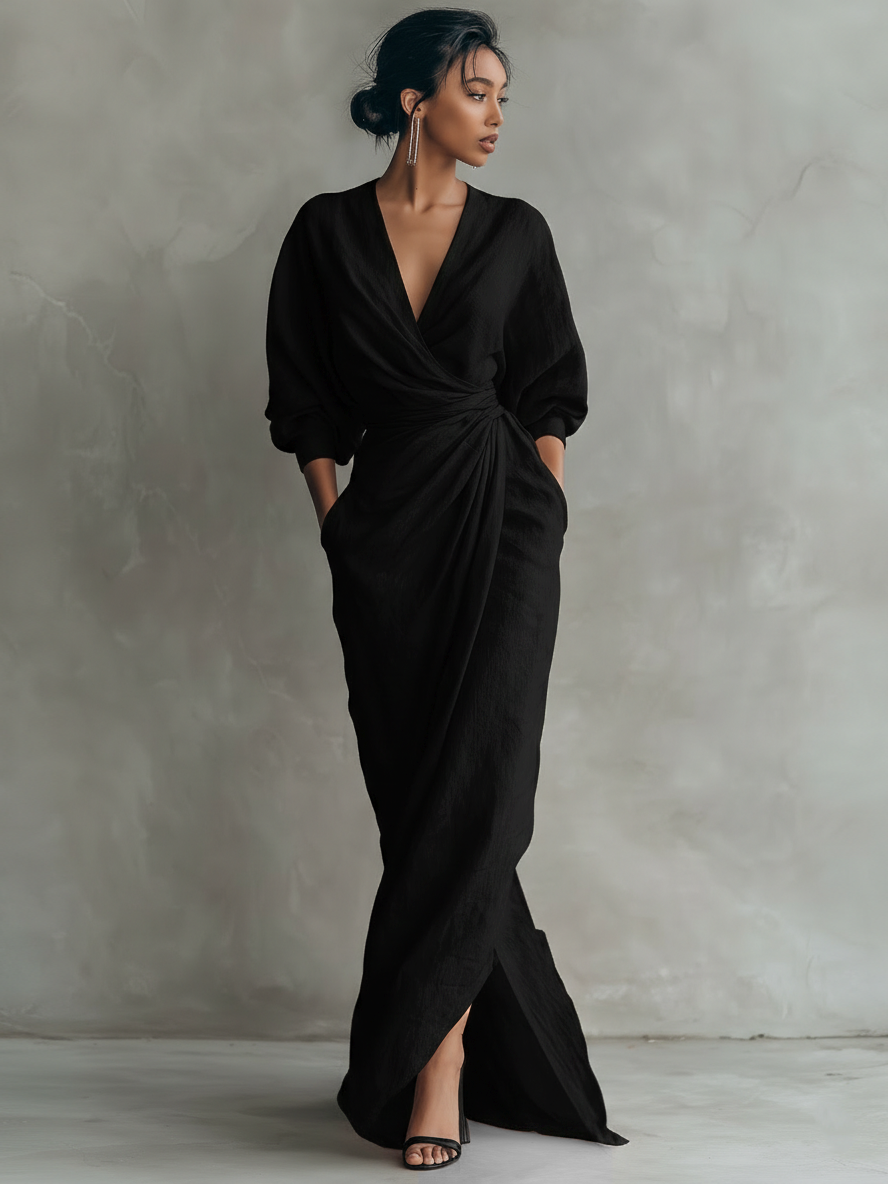 Robe Maxi en Lin Rose à Décolleté en V