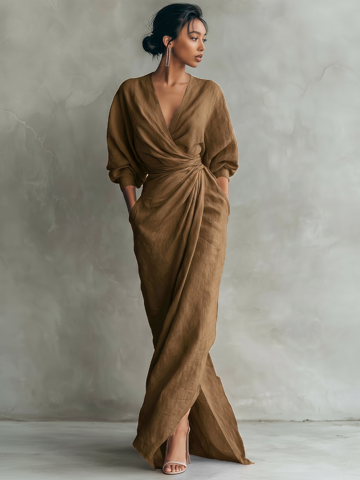 Robe Maxi en Lin Rose à Décolleté en V
